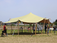 Tonnelle très belle avec toile extensible en beige, et des poteaux en bois (non inclus).